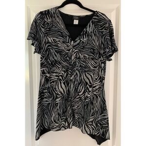 MSK Women's 1X Metallic V-Neck Blouse Black/Silver Flutter Sleeve Party Top 0026